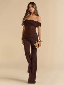 SHEIN BAE 优雅性感黑色透视网纱单肩阔腿连体裤，百搭实用，适合日常穿着、约会、外出、派对、聚会等各种场合 - 不对称连体裤、阔腿连体裤、情人节连体裤、日常连体裤、优雅连体裤 - 咖啡棕 - 查看 5