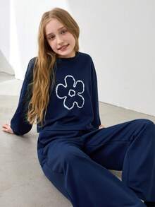 Tween Girls' Oversized Crew Neck Drop Shoulder Long Sleeve Casual Pullover Pullover Sweatshirt Set - Navy Blue - View 6