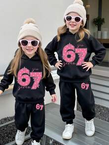 2pcs/Set Baby Girl Casual Fashion Sweatshirt Set, Funny Number 67 Design, Long Sleeve Hoodie And Loose Sweatpants, Comfortable Athleisure Outfit, Suitable For Autumn/Winter/Spring