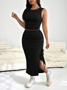 SHEIN EZwear 大尺碼夏季休閒純色背心與側開衩裙 2 件套 女款 - 黑色 - 查看 4