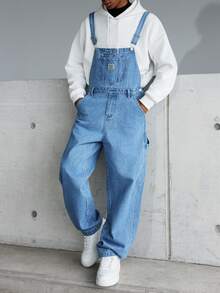 Manfinity Hypemode Men's Casual Multi-Pocket Chest Protector Denim Bib Overalls, Streetwear Style - Light Wash - View 8