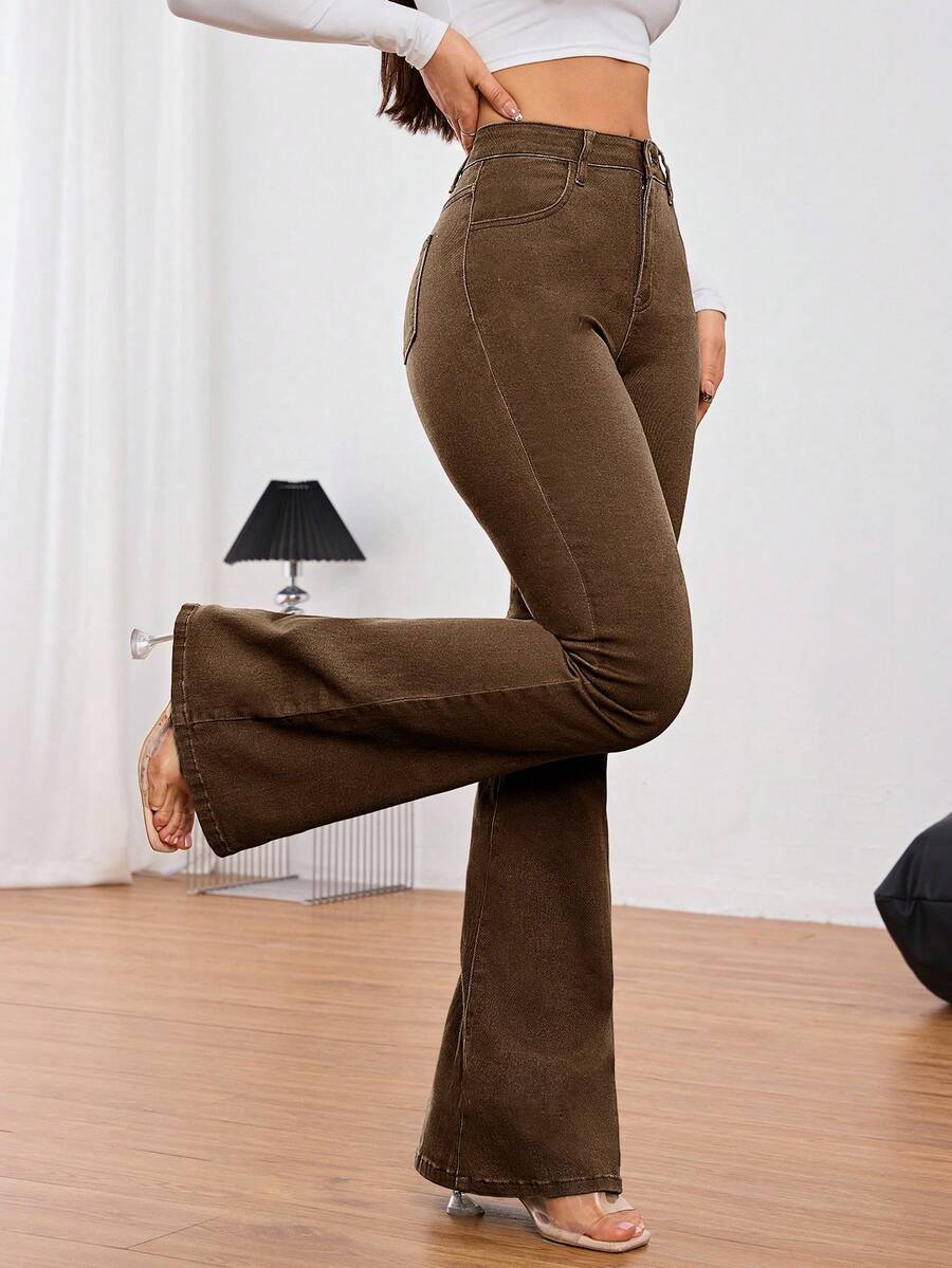 SHEIN Tall 女款高腰口袋休閒百搭喇叭褲牛仔褲,秋季,女款秋季服飾,女款冬季服飾,高個子女性 - 咖啡棕 - 查看 1