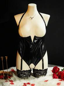 SpicyHot Plus Size Sexy Hollow Out Bodysuits PU Punk Seductive Lingerie Women - Black - View 1