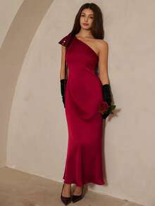 Revavyn 缎面性感不对称露肩紧身连衣裙，饰有串珠蝴蝶结拼接装饰，适合派对、商务、晚宴等场合。 - 紅色 - 查看 4