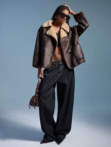 GENKIRA 宽松时尚百搭经典翻领仿皮草长袖女式外套 - 棕色 - 查看 4