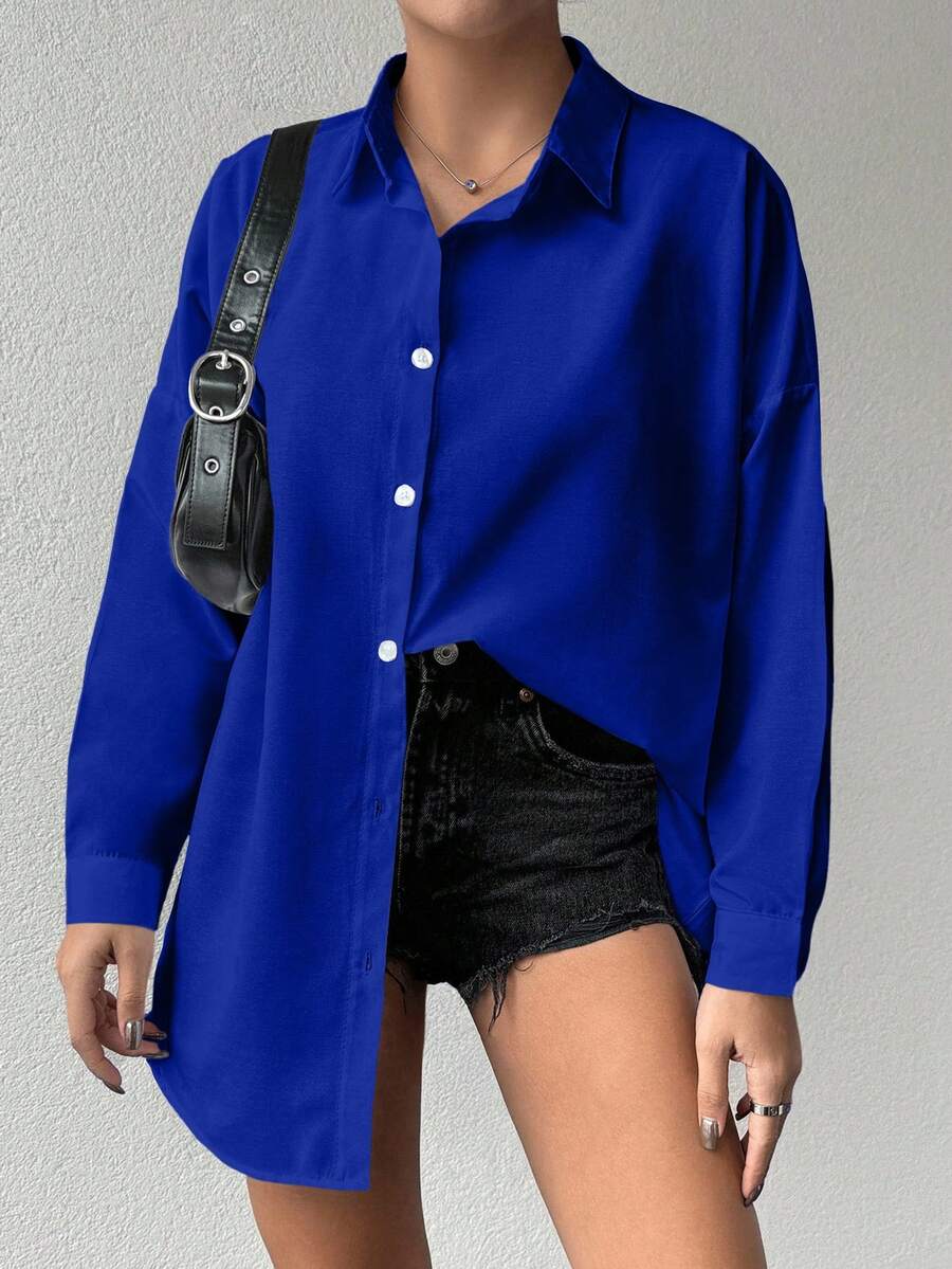 Cotton Women's Drop Shoulder Long Sleeve Solid Color Basic Shirt - Royal Blue - View 1