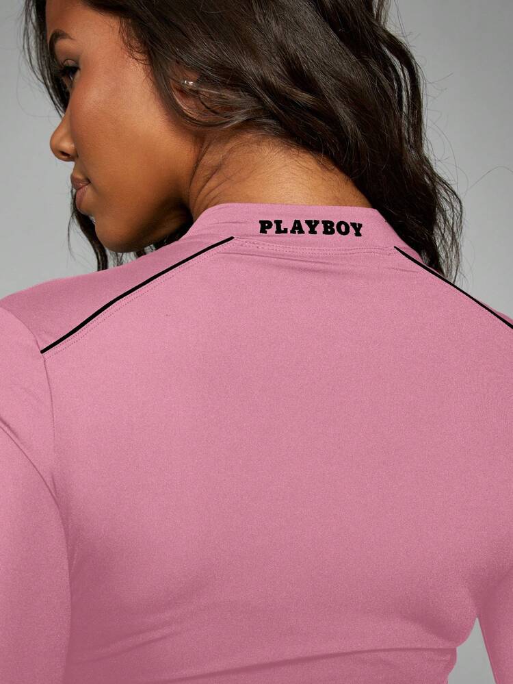 Missguided x Playboy Long Sleeve Zip Through Top With Black Contrast Piping And Bunny Logo