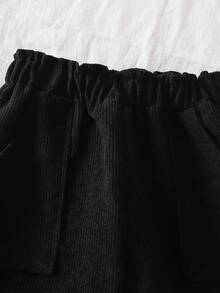 SHEIN Quần ống đứng màu đen, chất liệu nhung kẻ dày dặn, cạp chun xếp ly, có túi, thích hợp cho bé gái tuổi teen. - màu đen - Xem 6