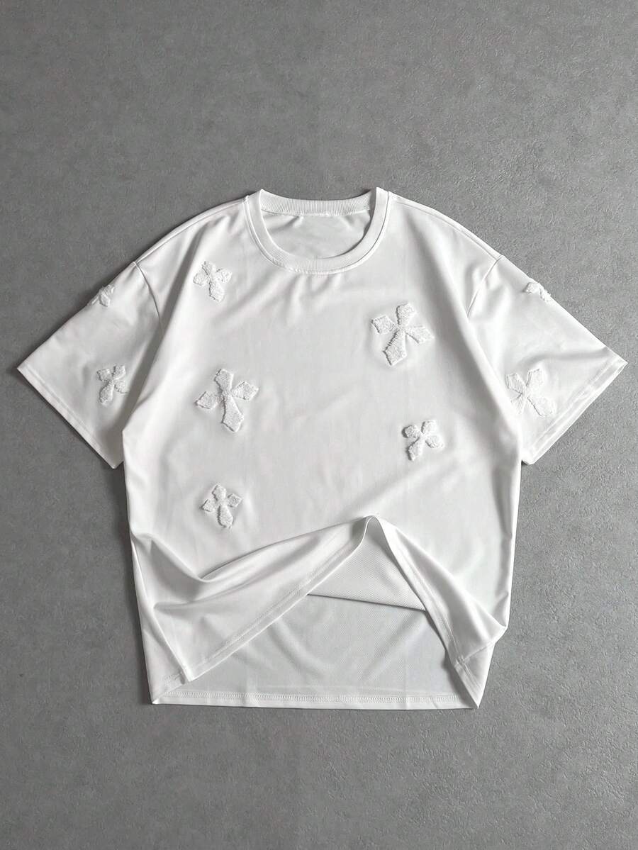 Manfinity ZONE917 男士街头 INS 同款全十字植绒休闲日常 T 恤，送给男朋友、丈夫、周年纪念日的礼物，白色 T 恤，男士设计师 T 恤，2000 年代风格 - 白色 - 查看 1