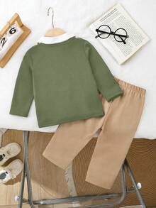SHEIN Playful Pals طقم طفل ولد، ملابس علوية بولو طويلة الأكمام مريحة مصنوعة من الأكريليك 2 في 1 مع بنطال خصر مطاطي كاجوال، تصميم فريد مناسب للخريف كالعطلات والاستخدام اليومي وما شابه - أخضر عسكري - مشاهدة 2
