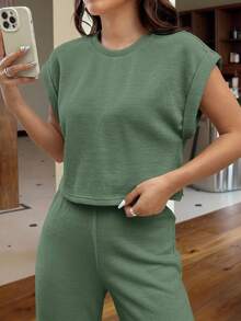 SHEIN EZwear Bộ áo len và quần dệt kim cỡ lớn có tay áo dành cho nữ, màu xanh xám - Màu xanh Ô liu - Xem 6