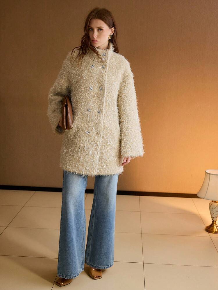 WOOL THICK TWEED STAND COLLAR DOUBLE-BREASTED OVERCOAT, AUTUMN/WINTER