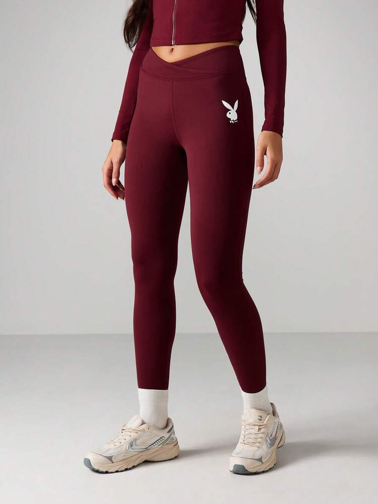 Missguided x Playboy High Rise Crossover Waistband Active Leggings With Logo Athletic Compression Tights For Fitness Running Yoga Training Stretchy Performance Wear