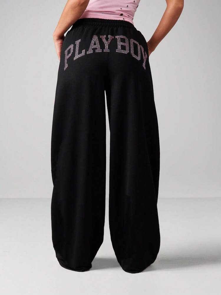 Missguided x Playboy Oversized Diamante Rhinestone Wide Leg Joggers Loose Fit Drawstring Waist Casual Sweatpants With Side Pockets