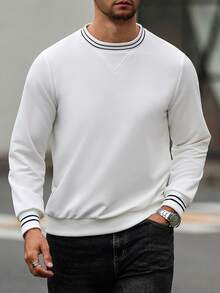 Manfinity Mode Men's Casual Striped Patchwork Crew Neck Pullover Sweatshirt, Autumn Men S Long Sleeve Summer  Good Quality Sweatshirt Men Turtleneck Shirts Long Sleeve Tops For Men Summer Turtle Neck Men Men Full Sleeve Tshirt Old Money,Daily Leisure, Weekend Trips, Outdoor Activities, Travel Expeditions, Relaxed Work Environments Or Semi-Formal Occasions, Boyfriend/Husband Gift, Anniversary Gift Party Christmas - White - View 4