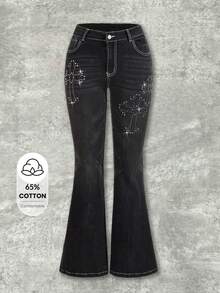 Shutterstock Y2Kool 女士十字绣水钻做旧牛仔裤，秋冬街头风，万圣节，Y2K风格牛仔裤，十字绣牛仔裤，印花牛仔裤，水钻牛仔裤，喇叭牛仔裤，搭配建议，休闲时尚服装系列，新年穿搭，棉质 - 黑色 - 查看 1