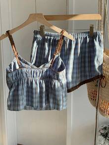 Comfortcana 大码女式格子吊带背心和短裤两件套 - 彩色 - 查看 2