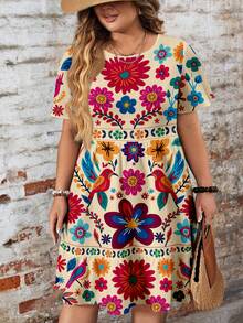 Mellowie 音乐节休闲简约花卉印花宽松圆领短袖大码连衣裙，适合春夏季