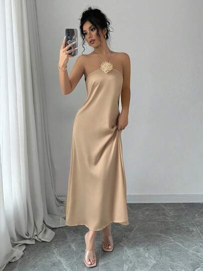 Elenzga 优雅露背3D立体花卉装饰缎面收腰连衣裙长款女装
