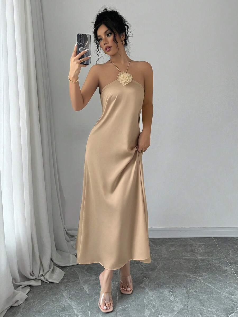 Elenzga Rochie elegantă cu talie înaltă, cu decolteu halter, decor floral 3D, satin, rochie maxi pentru femei - Kaki - Vizualizare 1