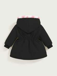 SHEIN 2 قطعة/عبوة معطف طويل مزين بالقلوب للفتيات الرضع، قابل للعكس، سميك من الفليس للخريف/الشتاء، ملابس خارجية دافئة - الأسود - مشاهدة 2