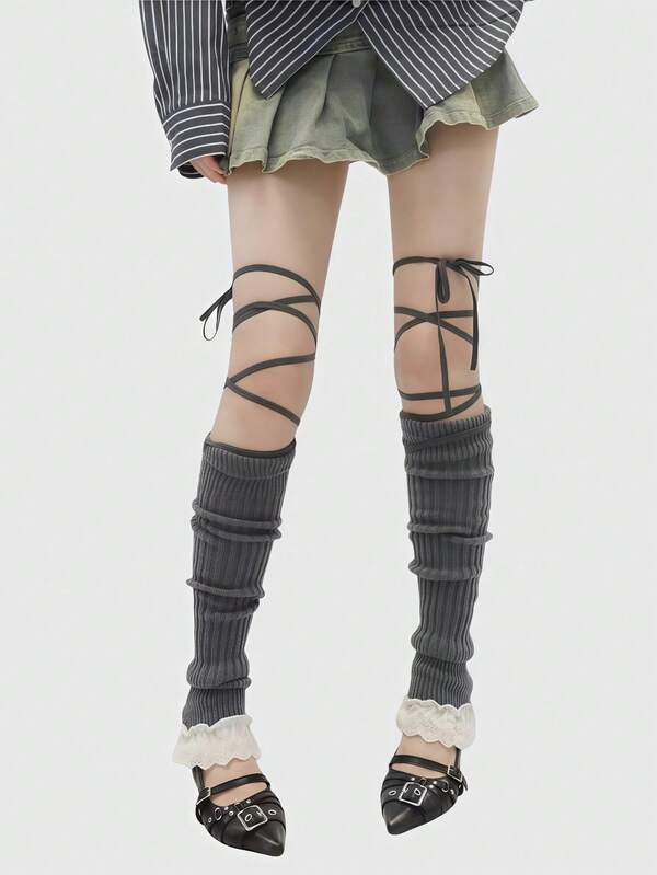 ROMWE Kawaii 1 Pair Y2K Retro Chic Lace Trim Leg Warmers, Cute & Sweet, Suitable For School, Casual, Commute, Date, Home, Music Festival, Etc.