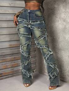 Slaydiva Winter New Women Plus Size Distressed Washed Vintage Denim Jeans - Medium Wash - View 1