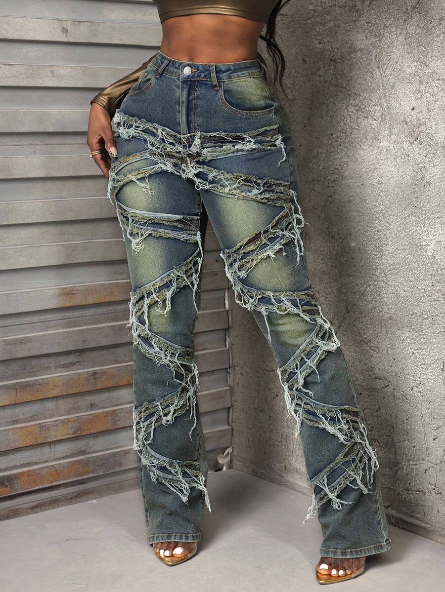 Slaydiva Winter New Women Plus Size Distressed Washed Vintage Denim Jeans - Medium Wash - View 1