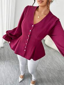 SHEIN Elenzya Áo sơ mi dài tay bo gấu nhún bèo cỡ lớn cho nữ - Màu Đỏ Sâu - Xem 3