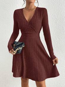 SHEIN Frenchy 女式休闲纯色罗纹V领长袖连衣裙 - 棕色 - 查看 5
