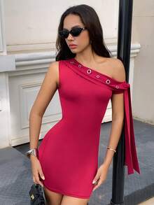 Almamuse Women's Burgundy Red Summer 70s Party Mini Dress, One Shoulder Asymmetric Neck Metal Mesh Solid Bodycon One Sleeve Elegant Fashionable Dress - Red - View 6