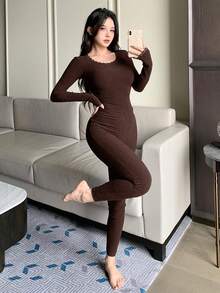 DAZY Women's Contrast Lace Long Sleeve Top And Pants Lingerie Set - Coffee Brown - View 3