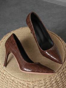 Ellevyn Tacones de aguja elegantes de 9 cm de color azul marino con punta puntiaguda y escote bajo cómodos para mujer, zapatos planos versátiles de tacón de bloque de color marrón vintage de alta calidad para vacaciones, viajes y salidas casuales - Marrón - Ver 2
