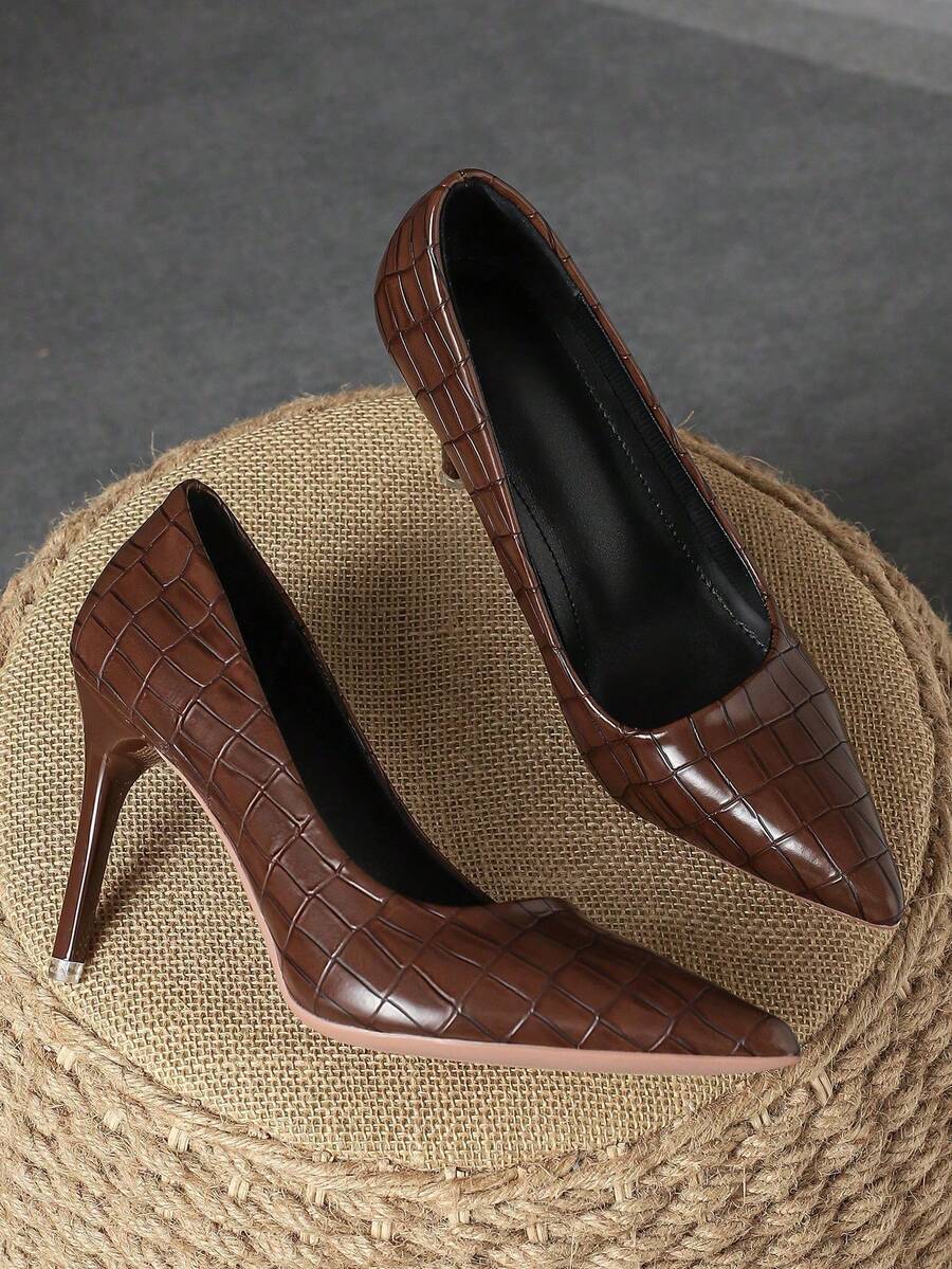 Ellevyn Tacones de aguja elegantes de 9 cm de color azul marino con punta puntiaguda y escote bajo cómodos para mujer, zapatos planos versátiles de tacón de bloque de color marrón vintage de alta calidad para vacaciones, viajes y salidas casuales