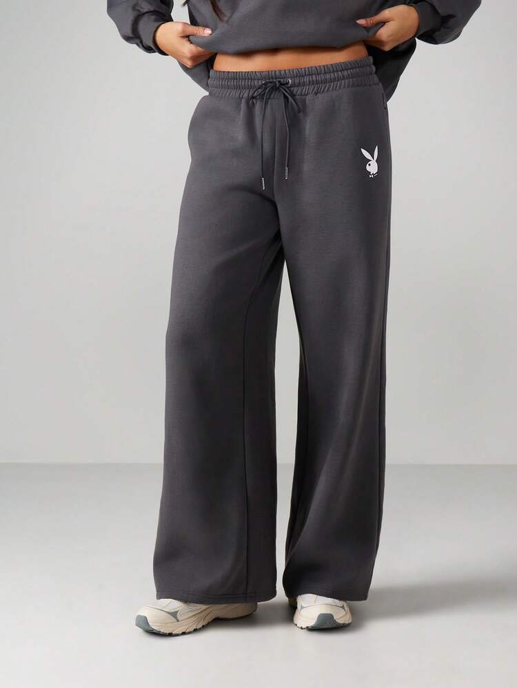 Missguided x Playboy Calça de Moletom Larga com Perna Larga com Logo, Cintura com Cordão e Punhos Elásticos para Roupas Casuais de Inverno Confortáveis