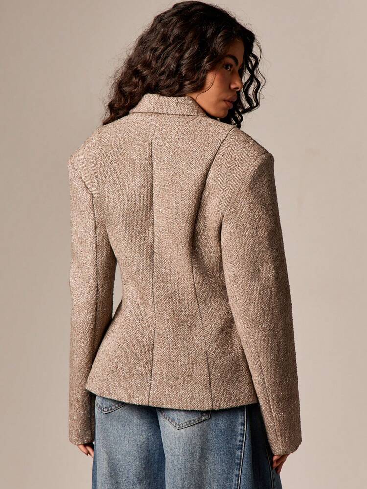 AiiRZ Women Fitted Tweed Blazer Jacket With Structured Shoulder Pads Long Sleeve Tailored Herringbone Coat Fall Winter Professional Workwear