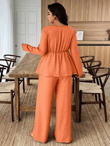 Weeklong 2pcs Plus Size Women Square Collar Ruffle Hem Floral Decor Shirt And Wide Leg Pants Set - Orange - View 2