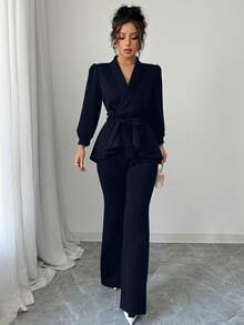 INAWLY 女式纯色简约长袖上衣和裤子两件套，休闲日常穿着 - 藏蓝色 - 查看 4