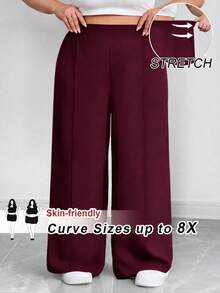 SHEIN CURVE+ 大码女式纯色褶皱裤，黑色宽松阔腿裤，曲线加大，Hoho 度假 - 酒紅色 - 查看 1