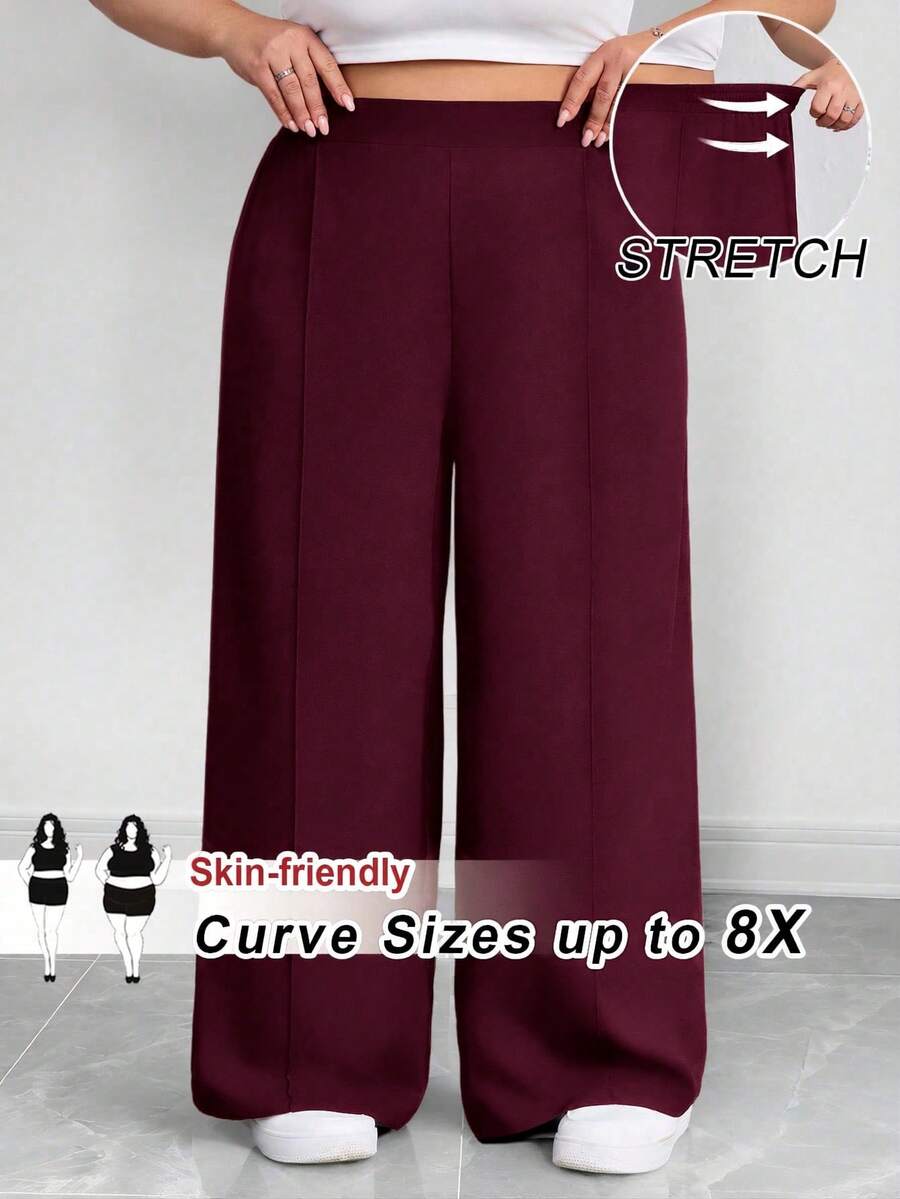 SHEIN CURVE+ 大码女式纯色褶皱裤，黑色宽松阔腿裤，曲线加大，Hoho 度假 - 酒紅色 - 查看 1