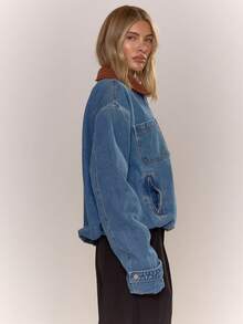 MUSERA Chaqueta Bomber de Mezclilla Oversized con Cuello de Cuero Sintético y Cremallera Completa, Estilo Cottage Core, Linda y Acogedora, para Otoño, Invierno, Primavera, Verano, Vacaciones, Country Calling, Y2K - Azul - Ver 4