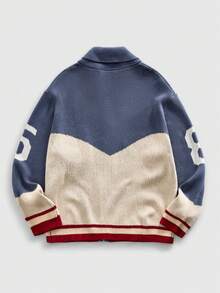 ROMWE MEN Street Life Men's Preppy Embroidered Collar Baseball Jacket Knit Cardigan, Street Fashion - Blue and White - View 2