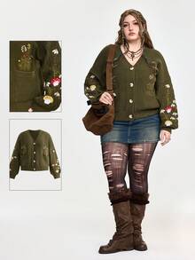 ROMWE Áo khoác cardigan thêu hoa nấm nhiều màu Mori Kei Fairycore cỡ lớn, Áo len cardigan dệt kim cỡ lớn cho nữ mùa thu/đông, Áo len dài tay cỡ lớn - Màu xanh lá cây đậm - Xem 1