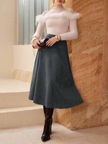 Modelyn Solid Color Faux Suede Flared Elegant Long Skirt For Women - Grey - View 8