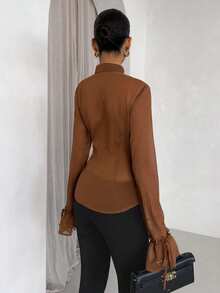 Glamine Women Coffee Brown Sheer Woven Fabric Extra Long Sleeve Regular Blouse Zanzea Terno Pants And Blouse Brown Silk Shirt Brown Shirt For Women Terno Outfit For Women Blouse Blouse For Women Casual Modern Zoey Outfit Clothes For Ladies Zahide Outfit - Coffee Brown - View 2