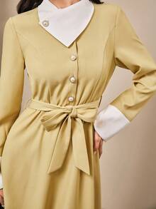 SHEIN Clasi Women's White And Yellow Autumn Winter Dress,High Neck Drawstring Waist Belt Colorblock Ellegant Tea Party Dress,Sophisticated Ladies Party Dress - Yellow - View 5