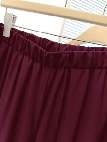 EMERY ROSE Plus Size Women's Contrast Color Trim Long Sleeve 2 Pieces Set,Burgundy Autumn Smart Casual Everyday Comfy Lounge Pajama Two Piece Set Co Ords - Burgundy - View 6
