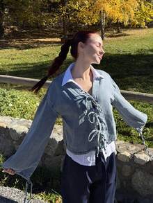 Abrilcols 女士夏季系带灯笼袖牛仔上衣、牛仔夹克、秋季女装 - 藍色 - 查看 6