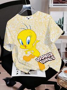 LOONEY TUNES X SHEIN Women's Casual Cute Cartoon Pattern Round Neck Short Sleeve T-Shirt, Summer - White - View 1