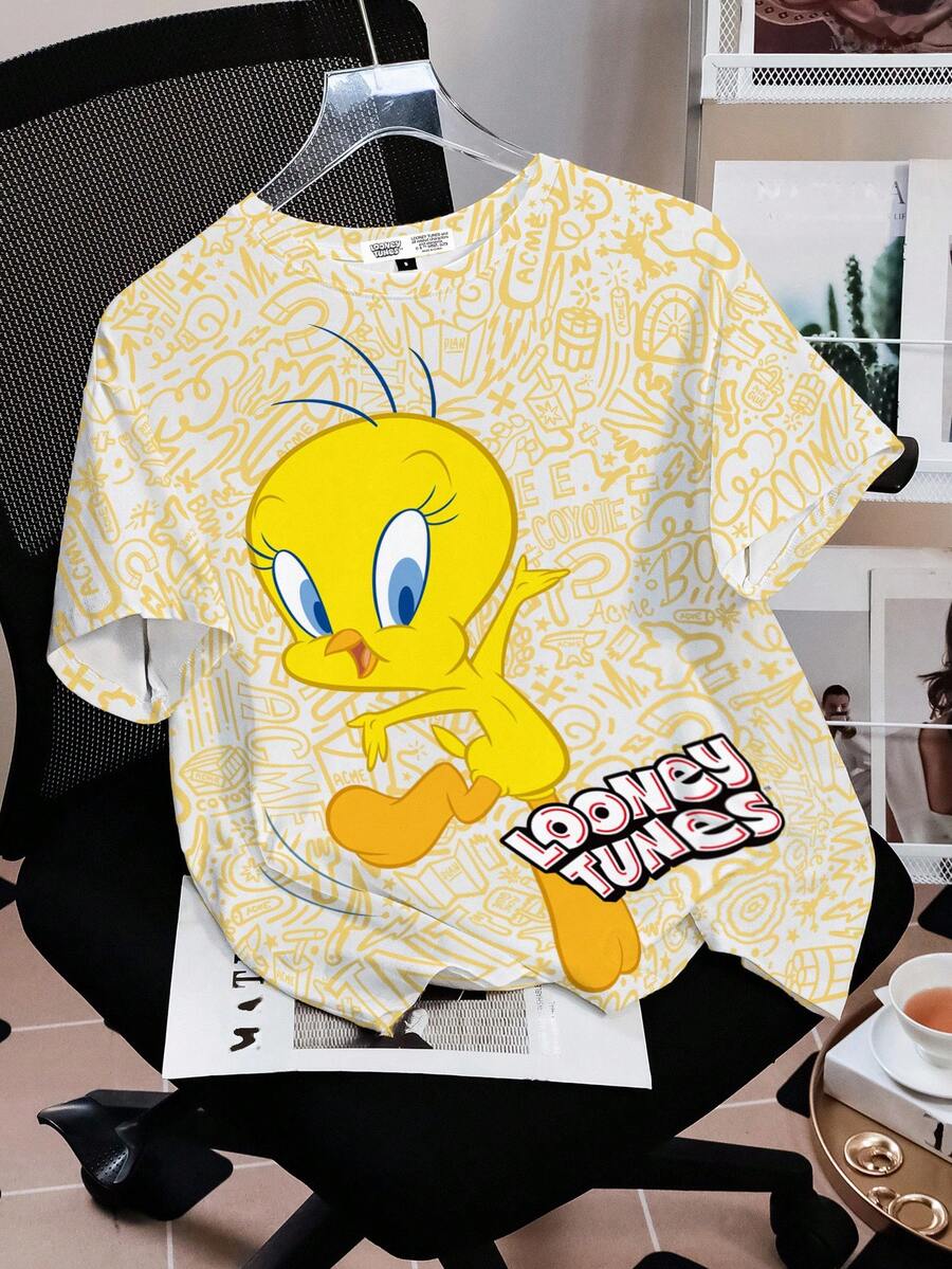 LOONEY TUNES X SHEIN Women's Casual Cute Cartoon Pattern Round Neck Short Sleeve T-Shirt, Summer - White - View 1